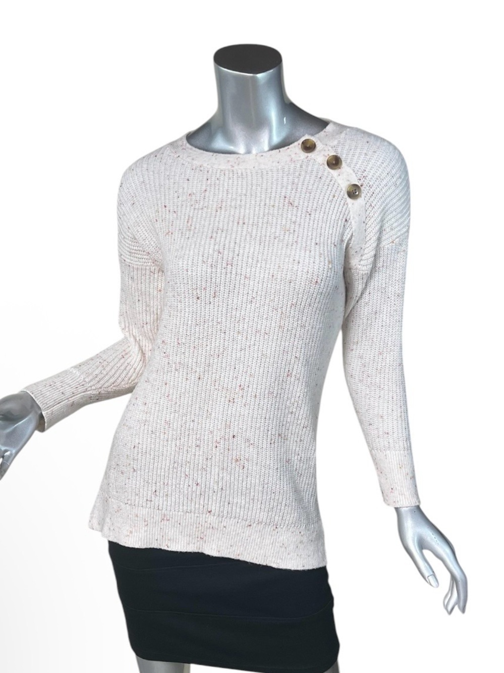 LOFT Women’s SMALL Sweater Ivory Flecked Ribbed Knit Button Trim Crew Neck